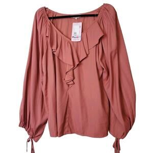 Entro NEW Top Womens Medium Rust Bamboo Tencel Long‎ Sleeve Ruffle Ballon Slv